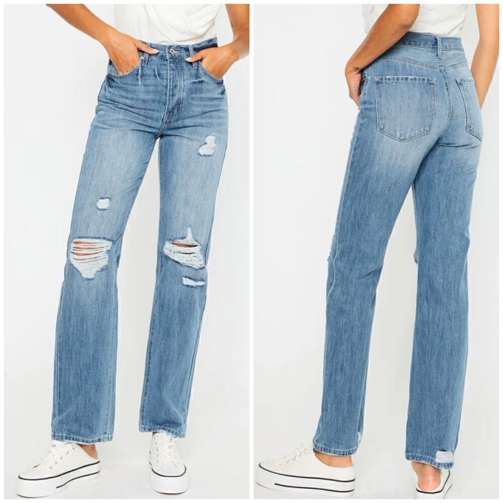 Kancan Hattie High Rise 90's Straight Leg Distressed Light Denim Jeans Size 5/26